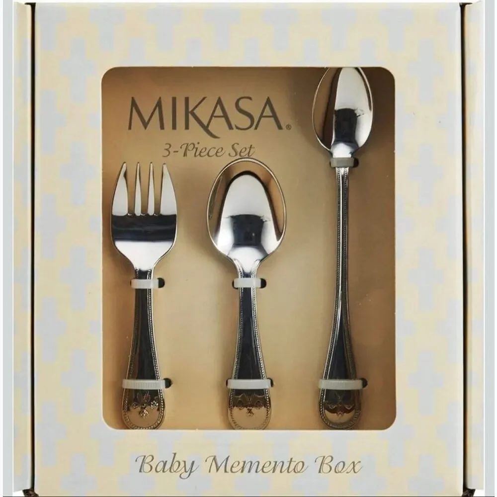 NWT Mikasa 3 Pc set baby Memento Box cross & beaded design Silver flatware set